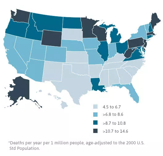 Mesothelioma Death Rates by State, 1999-2010