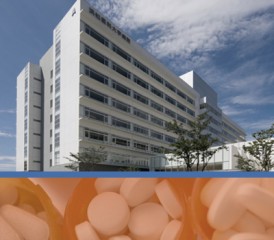 Illustration of Japanese building and pills Illustration of Japanese building and pills