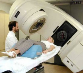 Patient receiving external beam radiation in a linear accelerator Patient receiving external beam radiation in a linear accelerator