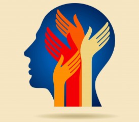 Illustration of a blue head with multicolored hands inside Illustration of a blue head with multicolored hands inside