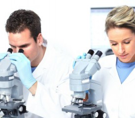 Male and female scientists looking through microscopes Male and female scientists looking through microscopes