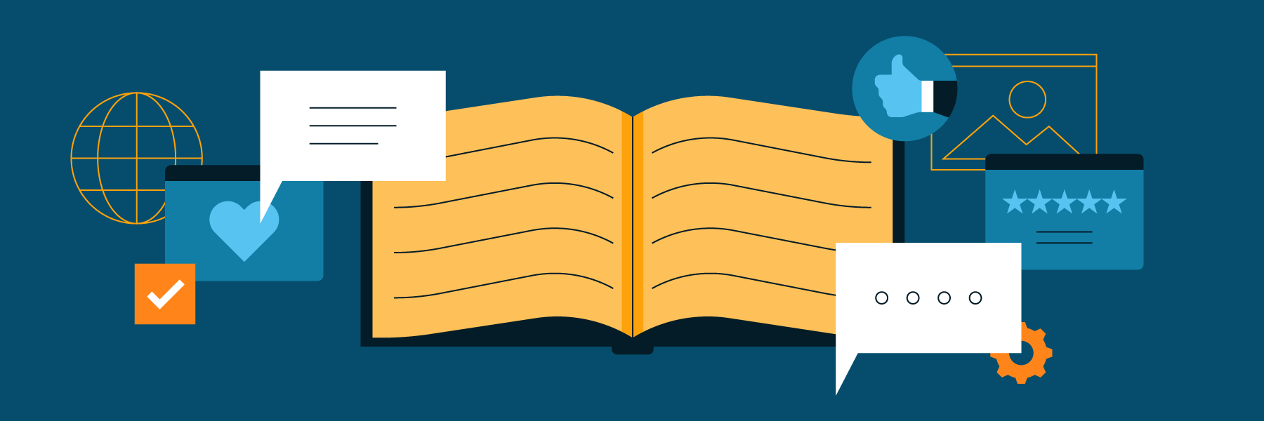 Collage of virtual communication imagery including a book, review, heart emoticon and a chat icon