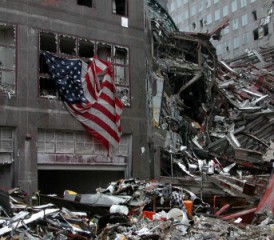 Debris with American flag at World Trade Center after 9/11 Debris with American flag at World Trade Center after 9/11